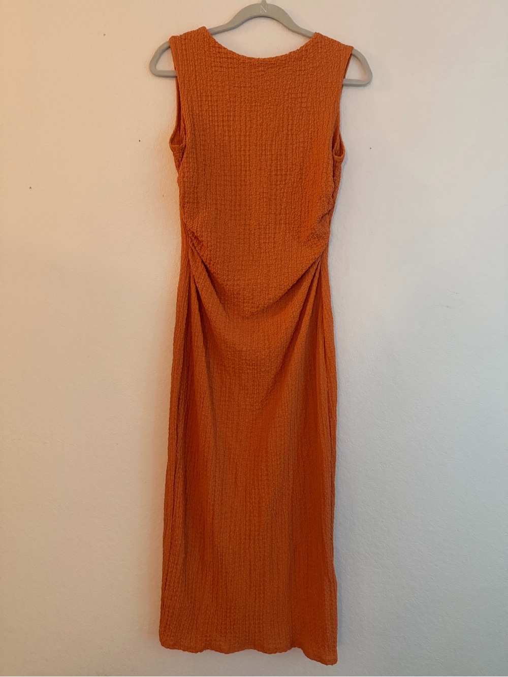 See You Monday Sleeveless Textured Orange Midi Boatneck Dress